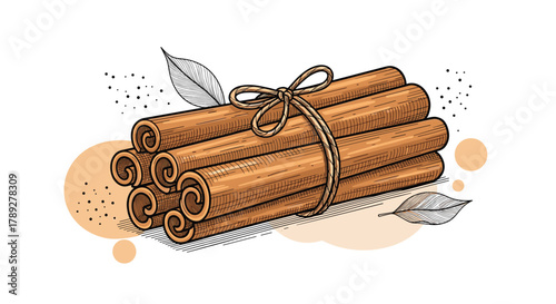 A hand-drawn illustration depicting a tied bundle of aromatic cinnamon sticks, accompanied by delicate leaves and scattered spice powder.