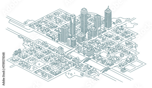 Outline drawing of modern city architecture. Urban landscape with buildings, roads, and rivers.