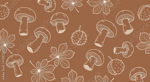 Seamless autumn pattern featuring hand-drawn outline illustrations of mushrooms, horse chestnut leaves, and spiky chestnut shells on a warm brown background.