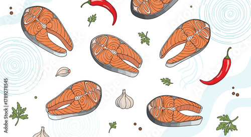 A vibrant culinary arrangement of fresh salmon steaks, red chili peppers, garlic, and parsley on a clean white backdrop.