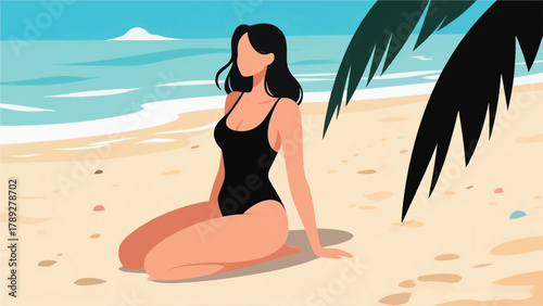 Black Bikini Woman On The Beach Illustrator Artwork Banner Background Design Template 
