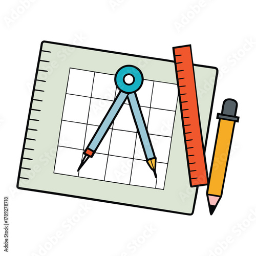 A set of drafting tools on graph paper, including rulers, compasses, pencils, and triangles, arranged neatly for precise design, geometry, and architectural sketches.
