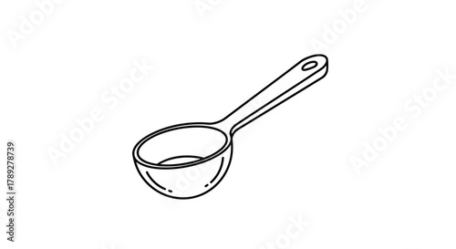 Line art illustration of a measuring spoon with a handle, commonly used for kitchen measurements and portion control.
