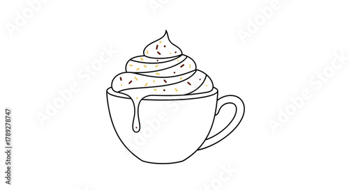 A simple, hand-drawn illustration depicting a cup of hot beverage, generously topped with swirling whipped cream and colorful sprinkles.