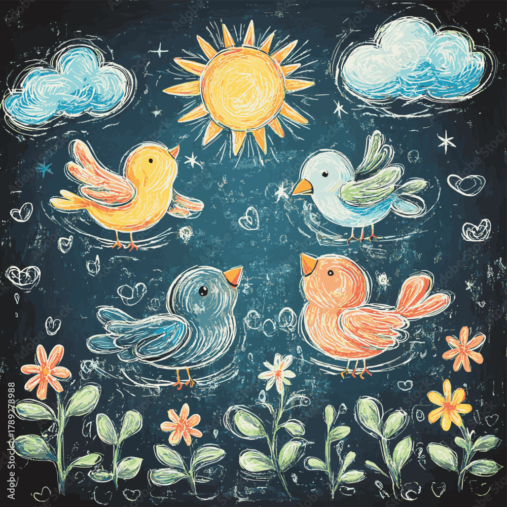 Obraz premium Hand drawn birds in blue sky with clouds and sun