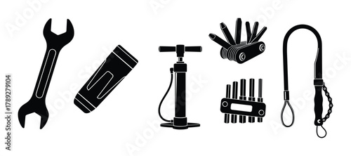 Bicycle maintenance equipment. Various bike repair tools set. Bike workshop symbols.