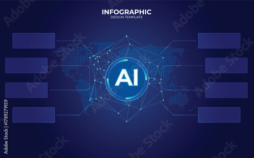 Futuristic technology infographic template in a glassmorphism style with a global map background, 8 text box spaces, and a central button. Design for presentations, AI innovation, UI UX