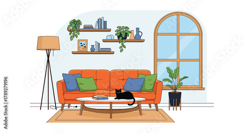A cozy modern living room featuring an orange sofa, colorful pillows, a black cat, decorative shelves, and an arched window.