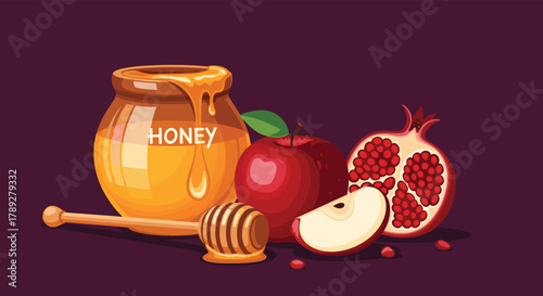 A beautiful still life composition featuring honey, apples, and pomegranates, symbolizing abundance and sweetness for a happy new year.