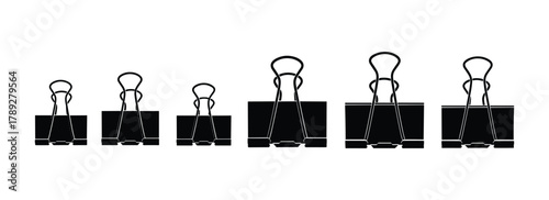 Black binder clips set in various sizes office stationery accessory for holding paper sheets