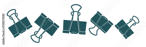 Black metal binder clips stationery for office and school document organization vector