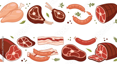 A vibrant seamless pattern showcasing an assortment of raw meat cuts, processed meats, and sausages, accented with fresh herbs and spices.