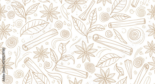 Seamless pattern of hand-drawn cinnamon sticks, star anise, and tea leaves in a warm brown outline on a white background.
