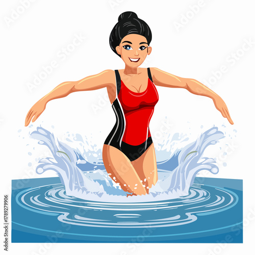 A vibrant cartoon illustration of a smiling woman in a red and black swimsuit emerging from blue water with a dynamic splash.