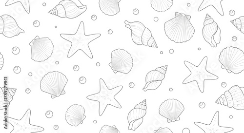 Hand-drawn seamless pattern of outline seashells and starfish with small bubbles, creating a serene and intricate marine background.
