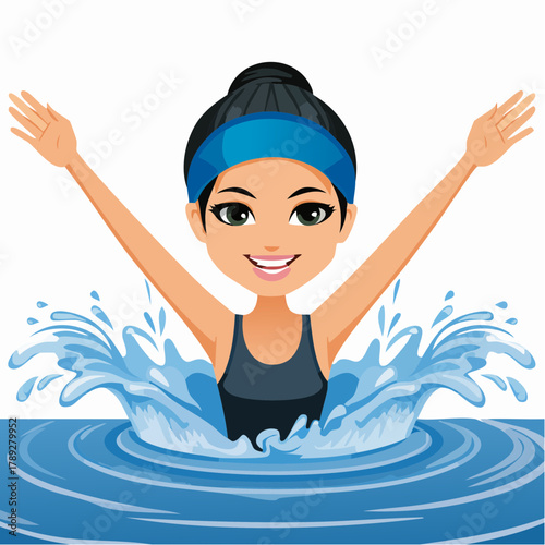 A happy cartoon woman with a blue headband and black swimsuit emerging from blue water with a splash, arms raised.