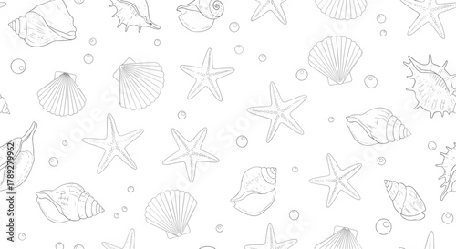 Seamless pattern featuring hand-drawn marine elements like seashells, starfish, and bubbles, perfect for ocean-themed backdrops and summer designs.