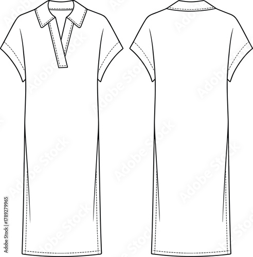 Technical flat sketch dress, short sleeve collar design, garment construction, apparel fashion template, vector CAD drawing, clothing outline, flat illustration
