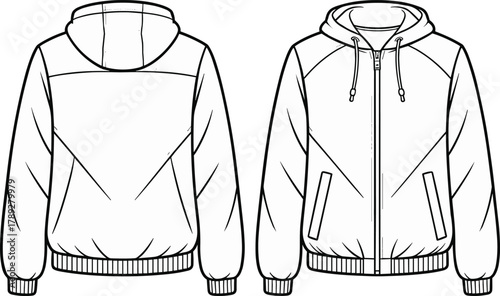 Unisex hooded jacket flat sketch, cad drawing flat vector illustration, fashion technical template with zipper closure, ribbed cuffs, pocket design