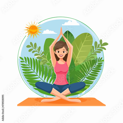 A cartoon woman meditating in a lotus position on a yoga mat, surrounded by lush green leaves, blue sky, and a bright sun, symbolizing peace and nature.