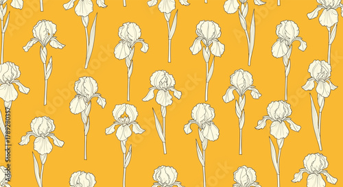 Seamless pattern with hand-drawn white iris flowers in line art style on a vibrant yellow background, perfect for textiles or digital designs.