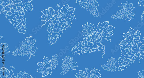 Seamless pattern of hand-drawn white line art grape bunches and leaves on a vibrant blue background.