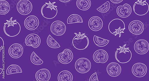 Hand-drawn white line art of fresh tomatoes and their cross-sections scattered across a bright purple background forms a playful, repeating pattern.