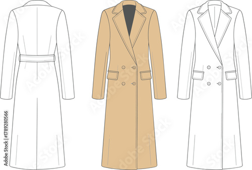 Technical flat sketch overcoat, long coat fashion design, double breasted garment construction, apparel template, vector CAD drawing, clothing outline illustration