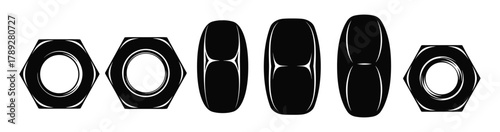 Collection of black and white industrial nuts, including hexagonal and oval shapes, as vector element
