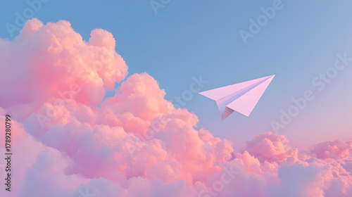 Elegant Paper Airplane Flying Through Colorful Cotton Candy Clouds During a Serene Sunset, Ideal for Dreamy and Inspirational Themes in Digital Art or Photography