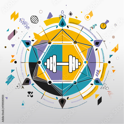 Abstract geometric design with a central hexagon containing a white dumbbell icon, surrounded by colorful shapes and lines, representing fitness and technology.