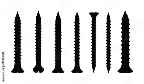 Collection of black silhouettes of screws. Various types of fasteners for construction work.
