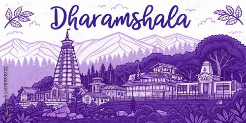 Dharamshala Skyline Sketch with Himachal Culture, Bhagsunag Temple, Cricket Stadium, and Tibetan Monastery – Artistic Line Art for Travel Posters, Wall Decor, and Tourism Design