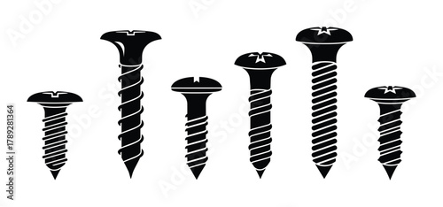Collection of different types of screws in black silhouette isolated on white background