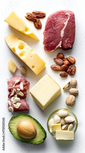 Keto diet ingredients, cheese, meat, butter, nuts, avocado, isolated on white background, 8k high resolution. 