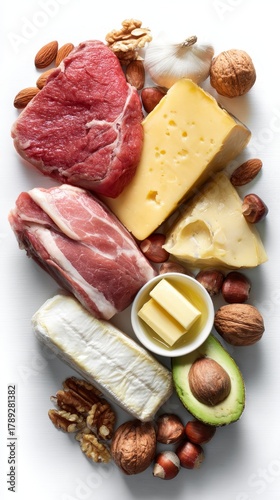 Keto diet ingredients, cheese, meat, butter, nuts, avocado, isolated on white background, 8k high resolution. 