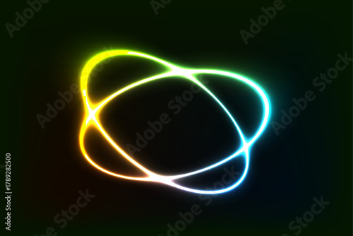 A vibrant, abstract neon shape with a glowing gradient from yellow to blue, forming an organic, flowing loop against a dark backdrop. Modern and dynamic.