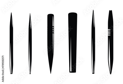 Collection of various toothpick designs, black and white silhouettes of wooden sticks.