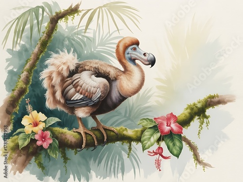 Vintage illustration of a dodo bird perched on a branch