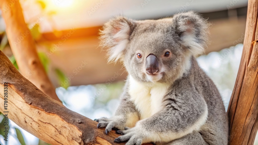 Naklejka premium Adorable koala sitting in a tree at Zoo de Beauval