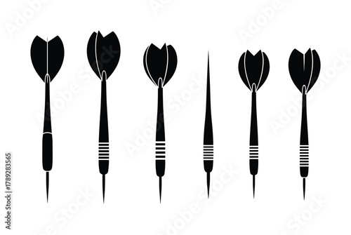 Dart set silhouette icons. Darts black isolated on white background. Different forms.