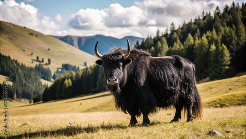 A solitary black yak roams freely in a lush green meadow surrounded by rolling hills and tall trees