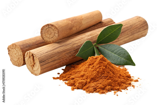 Fototapeta Naklejka Na Ścianę i Meble -  Sandalwood Sticks and Powder with Green Leaves on Black Background spice isolated on a transparent background