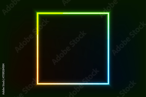 A glowing neon square frame with a vibrant gradient from yellow to green to blue, set against a dark background. Sleek, modern, and eye-catching.