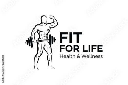 Fitness logo with muscular man lifting barbell for health and wellness business brand