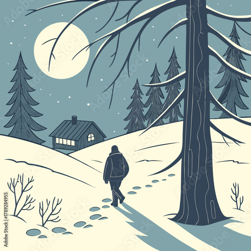 A lone figure walks through a snowy landscape towards a cozy cabin under the moonlight