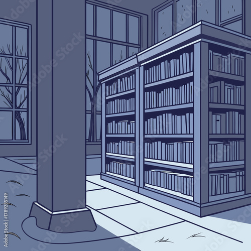 A serene library interior with towering bookshelves and a large window overlooking a winter scene