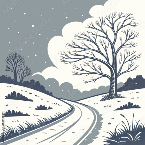 A snowy winter landscape with a winding road leading through snowcovered hills and bare trees