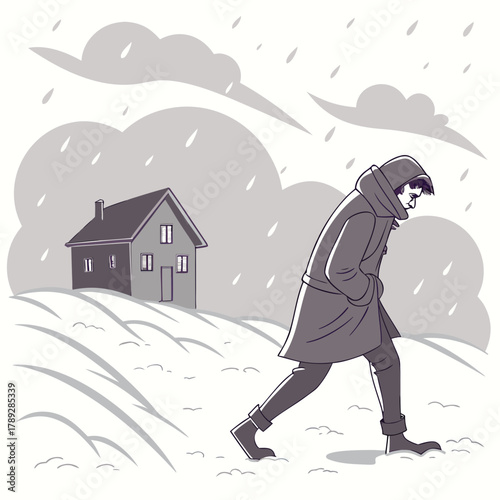 A solitary figure trudges through a snowy landscape, battling the harsh weather and heavy snowfall