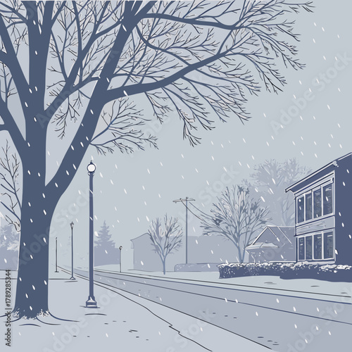 A snowy street scene with bare trees and houses under a blanket of snow